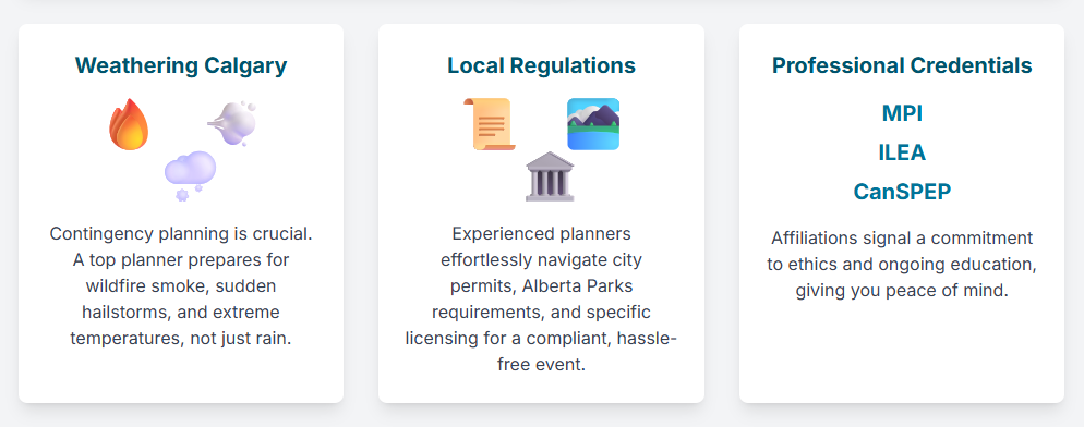Infographic showing three key considerations when you hire an event planner in Calgary: navigating weather, local regulations, and professional credentials.